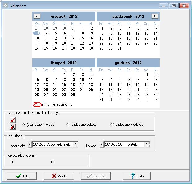 Pola, w których ustawiamy daty, nazywamy datownikami. Program automatycznie ustawia bieżący rok szkolny.