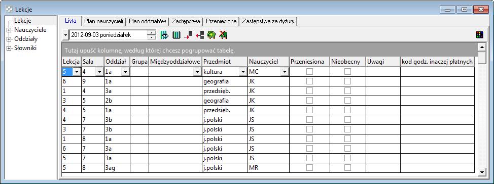 Przygotowanie programu do pracy 13 Rysunek 8. Okno podstawowe karta Lista dostępna z gałęzi Lekcje 3.