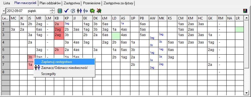 kryteria. W kolumnie KB (podświetlonej na szaro) wyświetlany jest plan nieobecnej pani Banasik. Podświetlony na zielono wiersz tabeli odpowiada lekcji, na której planowane jest zastępstwo. Rysunek 29.