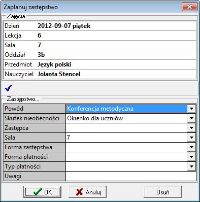 28 Materiały dla uczestnika szkolenia Rysunek 31. Okno Zaplanuj zastępstwo 3. Kliknij przycisk i ustal kryteria selekcji zastępców. Zamknij okno Kryteria selekcji zastępców. 4.