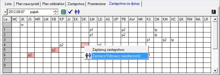 34 Materiały dla uczestnika szkolenia Rysunek 42. Wskazywanie nieobecności nauczyciela na dyżurze Postępując analogicznie, można odznaczyć zaznaczoną nieobecność. Ćwiczenie 3.