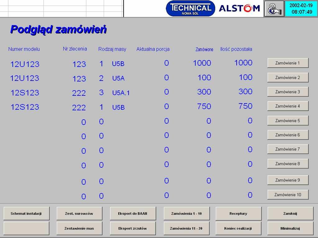 IV KONFERENCJA ODLEWNICZA TECHNICAL 2001 TECHNOLOGIA SPORZĄDZANIA MAS ZE SPOIWEM ALKIDOWYM Rys. 10 Ekran do wprowadzania listy zamówień Fig.