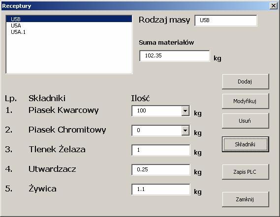 potrzeb produkcyjnych. System sterowania nadrzędnego automatycznie rejestruje ilości wyprodukowanej masy i zuŝytych materiałów w lokalnej bazie danych.