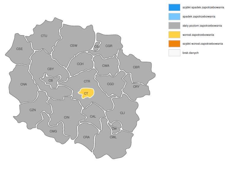 PROGNOZA NA 2019, WOJEWÓDZTWO KUJAWSKO-POMORSKIE ZMIANA ZAPOTRZEBOWANIA NA PRACOWNIKÓW W GRUPIE ZAWODÓW: RATOWNICY MEDYCZNI WG POWIATÓW PROGNOZA NA