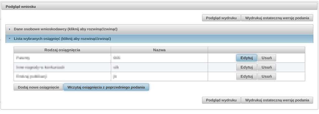 Edycja już zapisanego osiągnięcia umożliwia przycisk Edycja na rozwiniętej liście wybranych osiągnięć, zrzut poniżej.