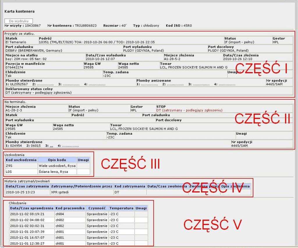 Oprócz podstawowych informacji o kontenerze, takich jak: status, gestor, miejsce złożenia na placu/statku, data wejścia/wyjścia z terminalu, waga kontenera itp.