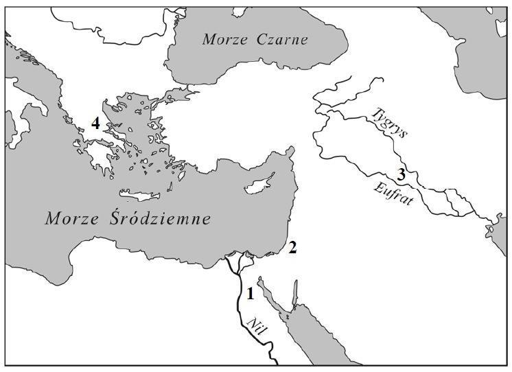 Zadanie 5. (3p.) Zamieszczone poniżej opisy starożytnych cywilizacji dopasuj do miejsc wskazanych na mapie. Cyfry z mapy, odpowiadające opisom wpisz do tabelki.