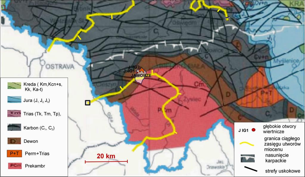 Ryc. 3.4.1. PołoŜenie gminy na tle rozmieszczenia zbiorników wód podziemnych i głębokich otworów (mapa podkładowa: Mapa geologiczna Polski bez utworów kenozoiku, w skali 1:1 000 000, wg R.Dadlez, S.