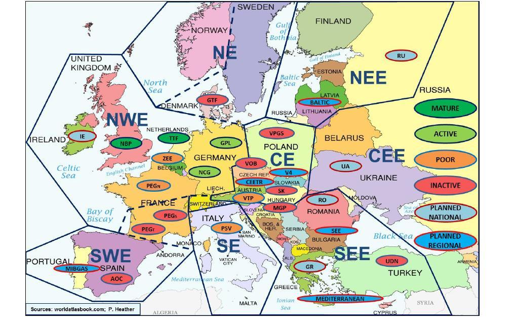 Mapa nr 2. Europejskie regiony gazowe, rynki i huby Źródło: Oxford Institute for Energy Studies, The Evolution of European traded gas hubs, December 2015, s. 18, www.oxfordenergy.org 3.