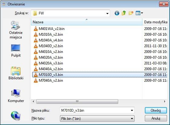Rys 8. Wybór pliku z programem konwertera Podczas ładowania programu żółta dioda LED umieszczona obok mikro przełącznika SW1 miga pokazując przepływ danych do ADA- 7010D.
