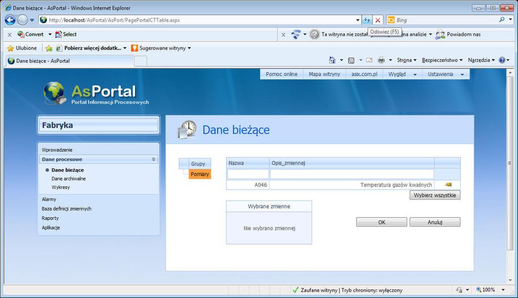 1 AsPortal - Portal Informacji Procesowych Rys. AsPortal - dostęp do zmiennej 'A046' przez użytkownika z grupy 'TEST'.