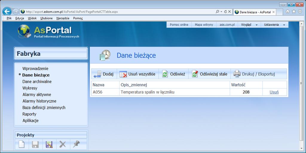 AsPortal 1.2.2 Dane bieżące Okno danych bieżących służy do prezentacji atrybutów i wartość bieżących zmiennych systemu Asix. Dane bieżące prezentowane są w postaci tabeli.
