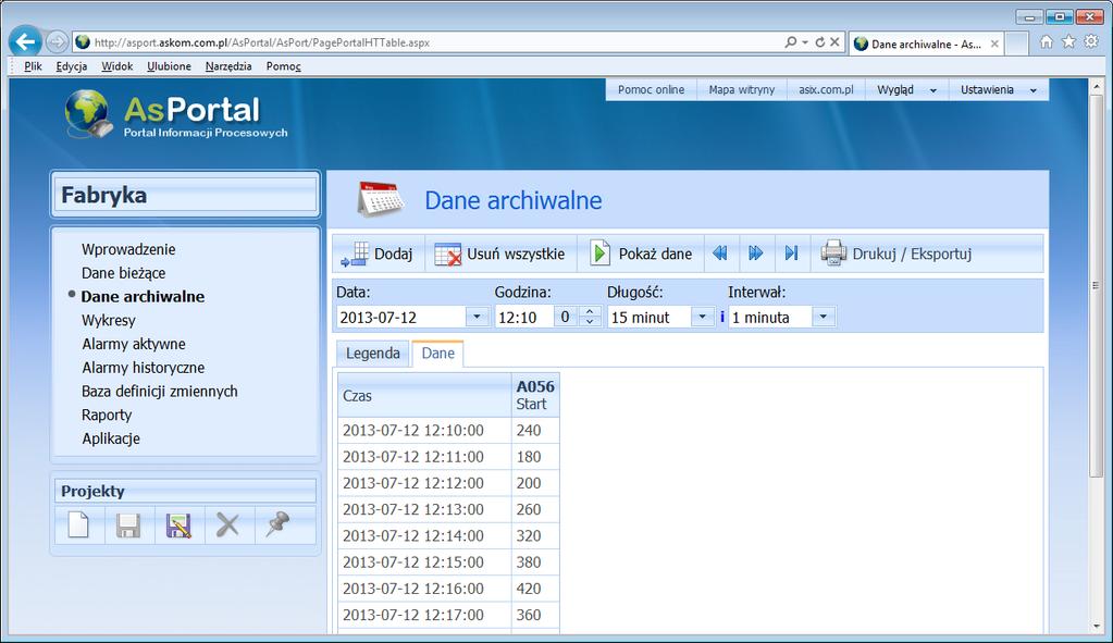 1 AsPortal - Portal Informacji Procesowych 1.2.3 Dane archiwalne - tabela Okna danych archiwalnych pozwalają na prezentacje historycznych wartości pomiarów w postaci tabeli lub wykresu.