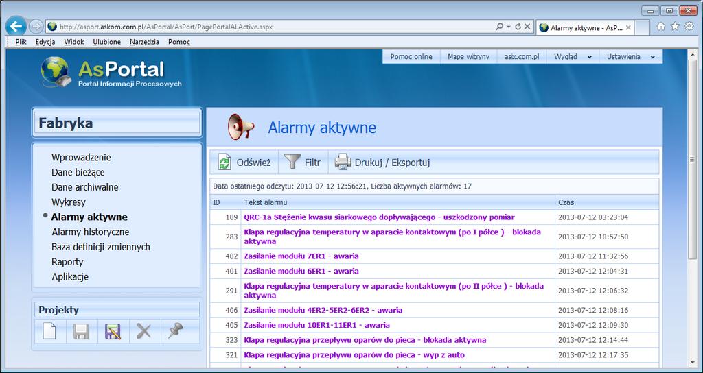 1 AsPortal - Portal Informacji Procesowych 1.2.5 Alarmy Aplikacja umożliwia prezentację bieżących alarmów występujących w systemie, oraz przeglądanie alarmów historycznych.