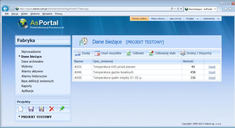 1 AsPortal - Portal Informacji Procesowych 1.2.9 Projekty Aplikacja AsPortal umożliwia tworzenie projektów danych bieżących, archiwalnych oraz alarmów.