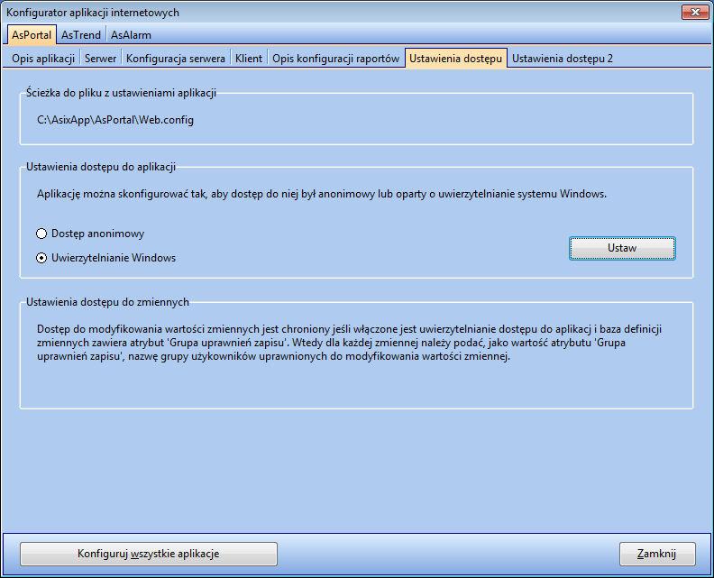 AsPortal Rys. Ustawienie funkcji uwierzytelniania systemu Windows dla aplikacji AsPortal.