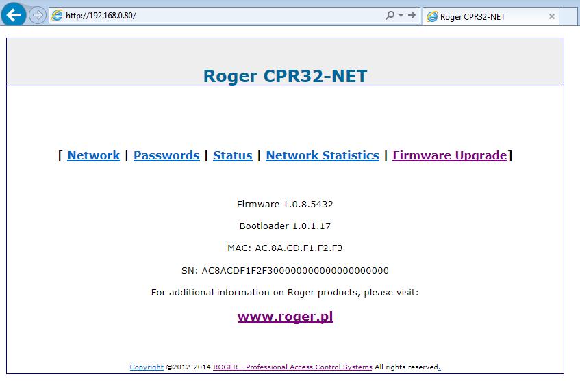 Rys. 5 Okno konfiguracyjne centrali CPR32-NET w przeglądarce internetowej 4.