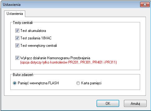 Przełączanie pomiędzy obsługą karty i wbudowaną pamięcią centrali jest realizowane za pomocą opcji w programie PR Master we właściwościach centrali CPR32-NET tj.