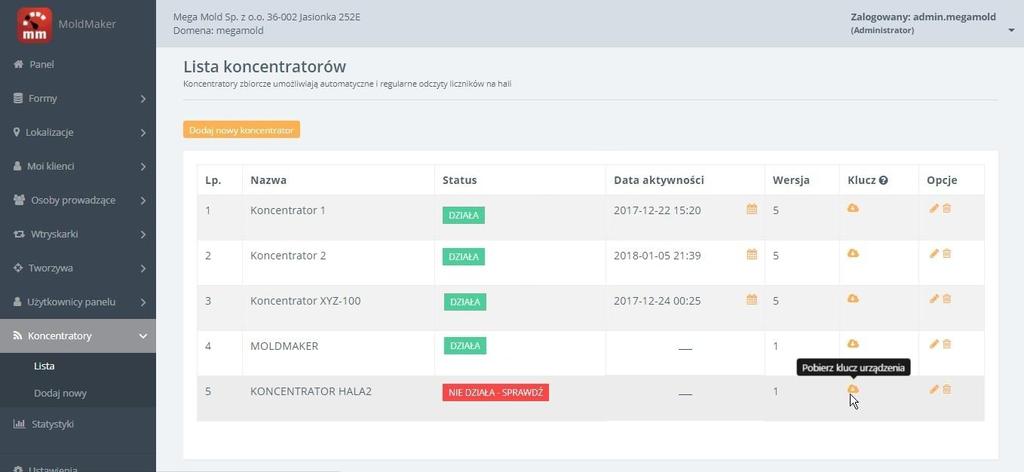 5. AKTYWACJA KONCENTRATORA Aby aktywować nowy koncentrator należy zalogować się do panelu klienta na stronie: http://moldmaker.