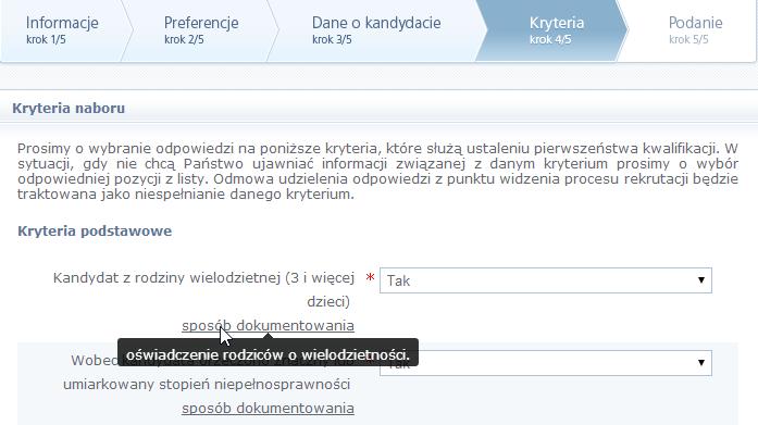 Rejestracja_ CKU. Przeglądanie oferty i rejestracja kandydata 8/10 Krok 4: Kryteria naboru Ten krok ma na celu wskazanie kryteriów spełnianych przez kandydata.