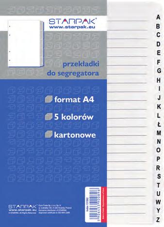 kolorystycznych. 131563 Przekładka A4 kartonowa 12 kolorów 23% Przekładki kartonowe STK Przekładki ułatwiające zarządzanie dokumentami, także poprzez zastosowanie wyróżnień kolorystycznych.