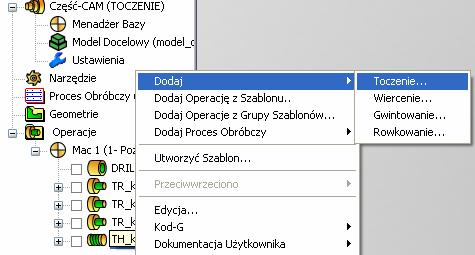 Usunięcie materiału średnicy zewnętrznej Kliknij prawym przyciskiem myszy ikonę ostatnio utworzonej operacji toczenia w oknie Menedżera SolidCAM.