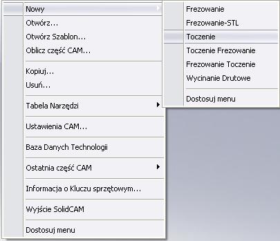 Uruchamianie SolidCAM Abu uruchomić SolidCAM po prostu kliknij polecenie SolidCAM w menu głównym SolidWorks i z podmenu wybierz polecenie Nowy > Toczenie.