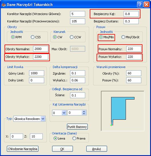 5. W oknie dialogowym Dane Narzędzi Tokarskich, ustaw 0.8 dla Bezpiecznego Kąta. 6. Wprowadź 2000 dla Obrotów Normalnych oraz 2200 dla Obrotów Wykańczających. 7.