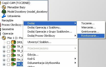 Odcięcie części Kliknij prawym przyciskiem myszy ikonę ostatnio utworzonej operacji toczenia w Menedżerze SolidCAM. Z menu wybierz polecenie Dodaj>Rowkowanie.