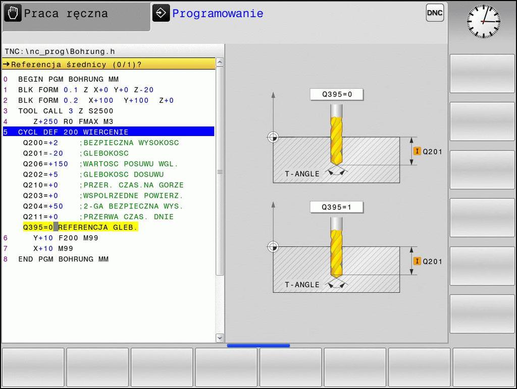 2 Praca z cyklami obróbki 2.1 Definiowanie cyklu przy pomocy softkeys Pasek softkey pokazuje różne grupy cykli Wybrać grupy cykli, np. cykle wiercenia wybrać cykl, np. FREZOWANIE GWINTU.