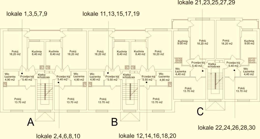 ANALIZOWANY BUDYNEK Rzut kondygnacji powtarzalnej budynku - wszystkie lokale w analizowanym budynku posiadają taką samą powierzchnię wynoszącą 50,6 m 2.