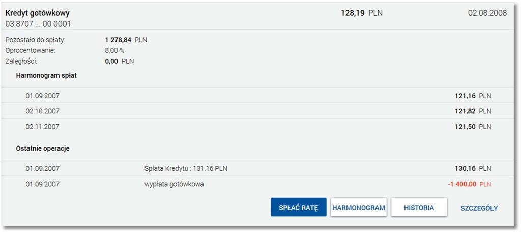 Page5 Na liście kredytów, dla każdego kredytu dostępne są następujące informacje: nazwa kredytu, numer rachunku kredytu, kwota najbliższej raty - Kolejna rata, data płatności najbliższej raty -