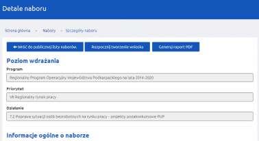 Przy odpowiednim naborze należy kliknąć przycisk Szczegóły zostaną wtedy wyświetlone szczegółowe informacje dotyczące konkretnego naboru.