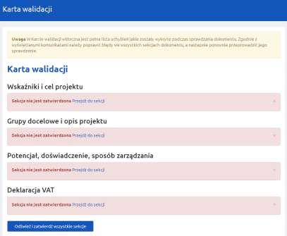 wyświetlona Karta walidacji zawierająca listę wykrytych we wniosku błędów.