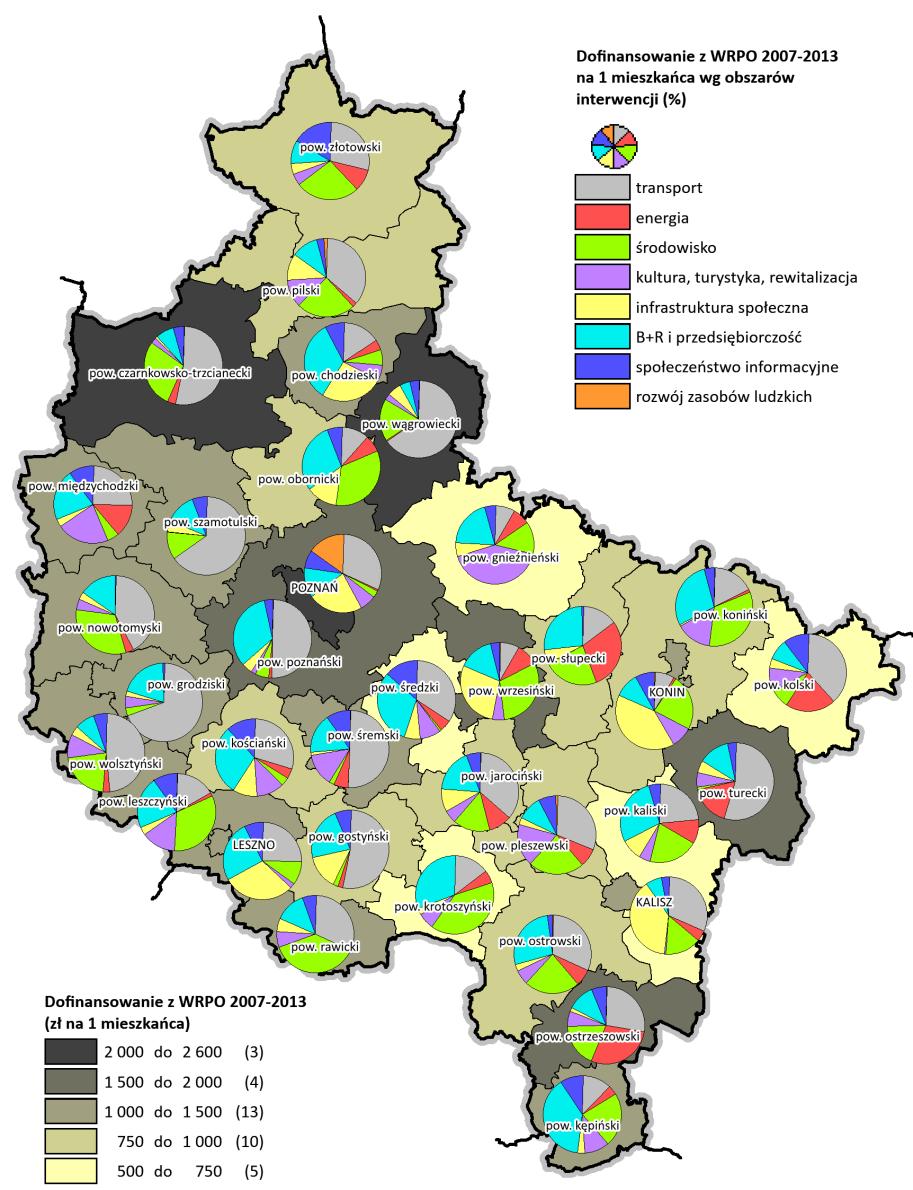 INFORMACJE UZUPEŁNIAJĄCE Dofinansowanie z WRPO 2007-2013 na 1 mieszkańca oraz struktura dofinansowania według obszarów