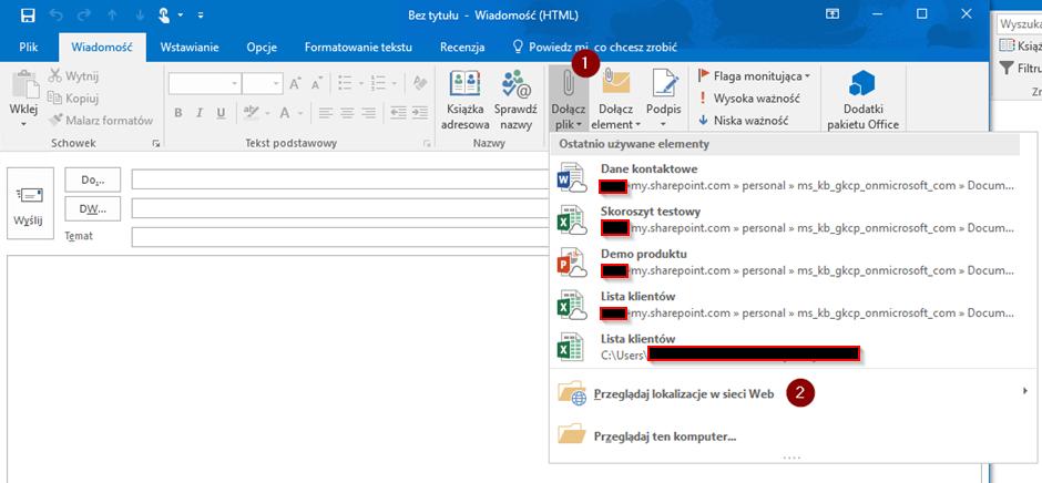 1.2.2 Udostępnianie przez Outlooka Pokazanie udostępniania z poziomu Outlooka, zapisywanie otrzymanych plików na OneDrive.