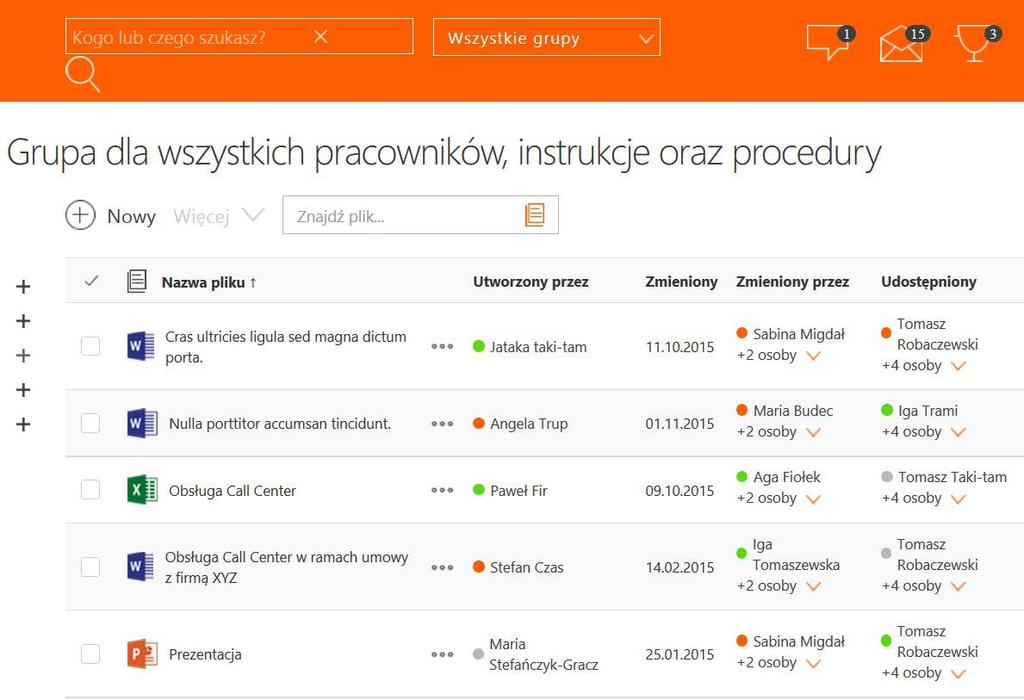 Z Z Z Z Wyszukuj potrzebne treści Wyszukuj pracowników o kluczowych kompetencjach Twórz wiki na podstawie szablonów Uzupełniaj repozytorium dokumentów Taguj dodawane treści Bierz udział w dyskusji i