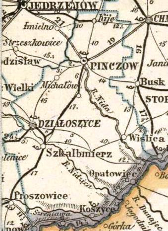 Czarkowy, Drożejowice, Filipowice, Kazimierza, Kliszów, Kościelec, Nagorzany, Opatowiec, Pińczów, Sancygniów, Topola, Zagość i Złota.