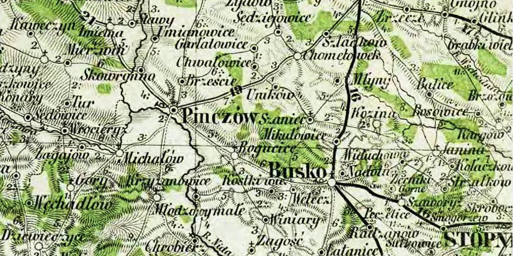 Ryc. 23. Pińczów na mapie z 1863 r. (Mappa Królestwa Polskiego podług najnowszych źródeł ułożona i litografowana). Źródło: http://rcin.org.pl/dlibra/doccontent?id=328 (dostęp 29 IX 2018 r.