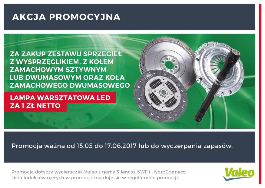 Zestaw sprzęgła Valeo Za jednorazowy zakup wybranych towarów marki Valeo (zestawy sprzęgieł z wysprzęglikiem, z kołem zamachowym sztywnym lub dwumasowym oraz koła zamachowe) w