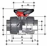 WYMIARY VKDIV DUAL BLOCK zawór kulowy 2-drożny ze śrubunkami z metrycznymi końcówkami mufowymi do klejenia d DN PN B B1 C C1 E H H1 L Z g EPDM Code FPM Code 16 10 16 54 29 67 40 54 103 65 14 75 215