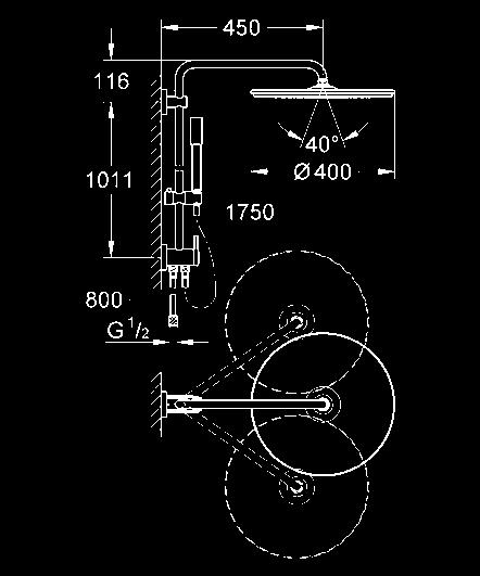 RAINSHOWER PRYSZNICOWE 27 175 000 chrom 932,00 Rainshower System 400 System prysznicowy z przełącznikiem do montażu ściennego poziome obrotowe ramię 450 mm przełącznik pomiędzy prysznicem górnym a