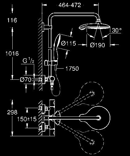 EUPHORIA PRYSZNICOWE 26 186 000 chrom 617,00 Euphoria Power&Soul System 190 System prysznicowy z termostatem do montażu ściennego poziome obrotowe ramię 450 mm Grohtherm 1000 Cosmopolitan, termostat