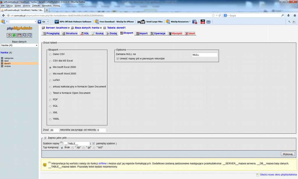 SELECT * FROM `dane01` LIMIT 5; - wyświetlenie pięciu rekordów SELECT * FROM `dane01` LIMIT 3, 2; - wyświetlenie dwóch rekordów, począwszy od trzeciego W celu uporządkowania wybranych rekordów służy