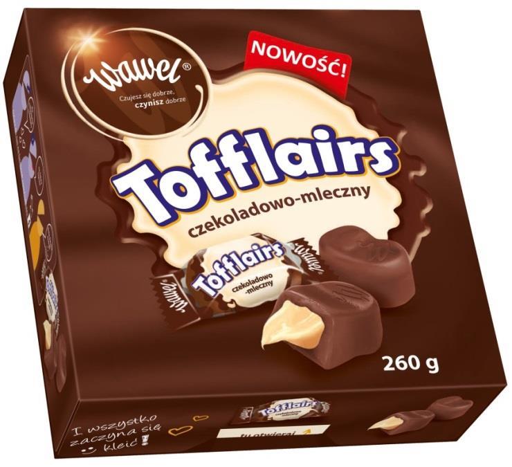 4. Bombonierka Tofflairs Czekoladowo- Mleczny 260g PL Pomadki niekrystaliczne czekoladowe z nadzieniem mlecznym (15%). Oprócz tłuszczu kakaowego czekolada zawiera tłuszcze roślinne.