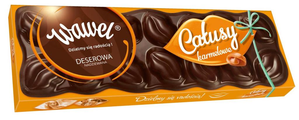 5. Czekolada Całusy Karmelowe 295g Czekolada z nadzieniem (56%) karmelowo-mlecznym. Oprócz tłuszczu kakaowego czekolada zawiera tłuszcze roślinne.