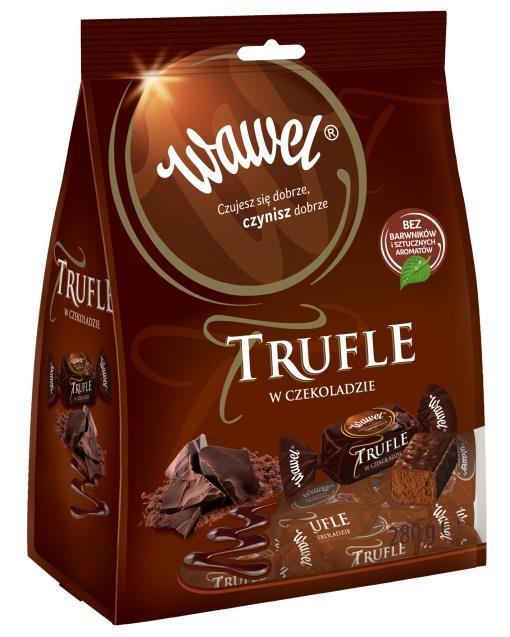 7. Trufle w czekoladzie 280g Cukierki kakaowe o smaku rumowym w czekoladzie. Oprócz tłuszczu kakaowego czekolada zawiera tłuszcze roślinne.
