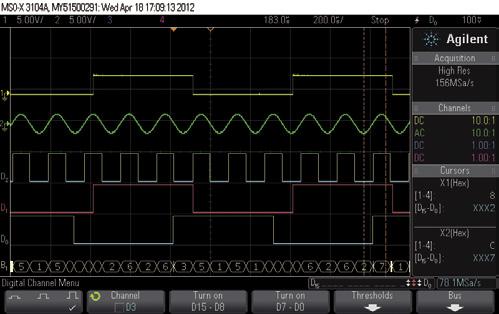 Oscyloskop Agilent MSO-X 3104A perfekcja, marzenie każdego elektronika Rysunek 6. Wyświetlanie linii cyfrowych jako magistrali z opisem heksadecymalnym Rysunek 7.