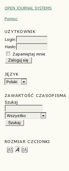 Rysunek 6.6. Boczny panel nawigacyjny Blok "Open Journal Systems" na samej górze paska nawigacji podaje link do strony WWW Public Knowledge Project.