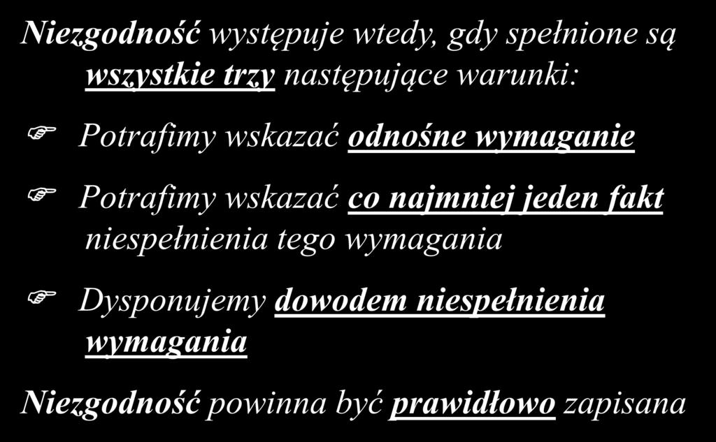 Niezgodność występuje wtedy, gdy spełnione są wszystkie trzy następujące warunki: Potrafimy wskazać odnośne wymaganie Potrafimy wskazać